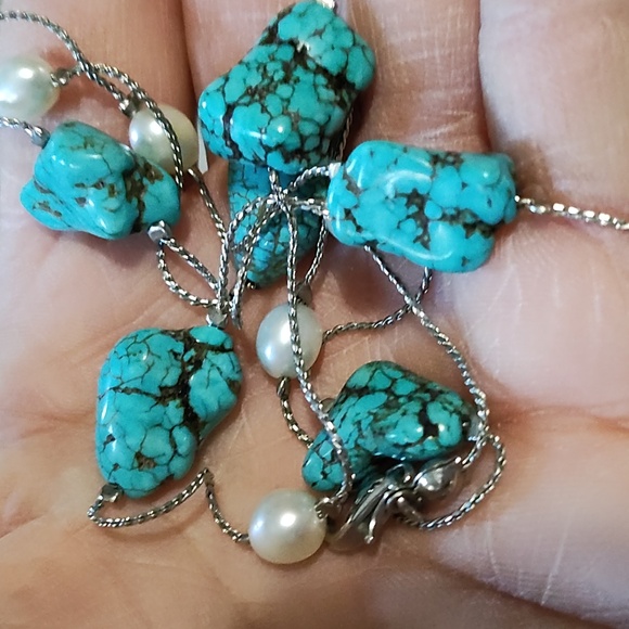 VINTAGE FAUX TURQUOISE NUGGET IVORY PEARL SILVER-TONE 34" NECKLACE - Picture 8 of 9